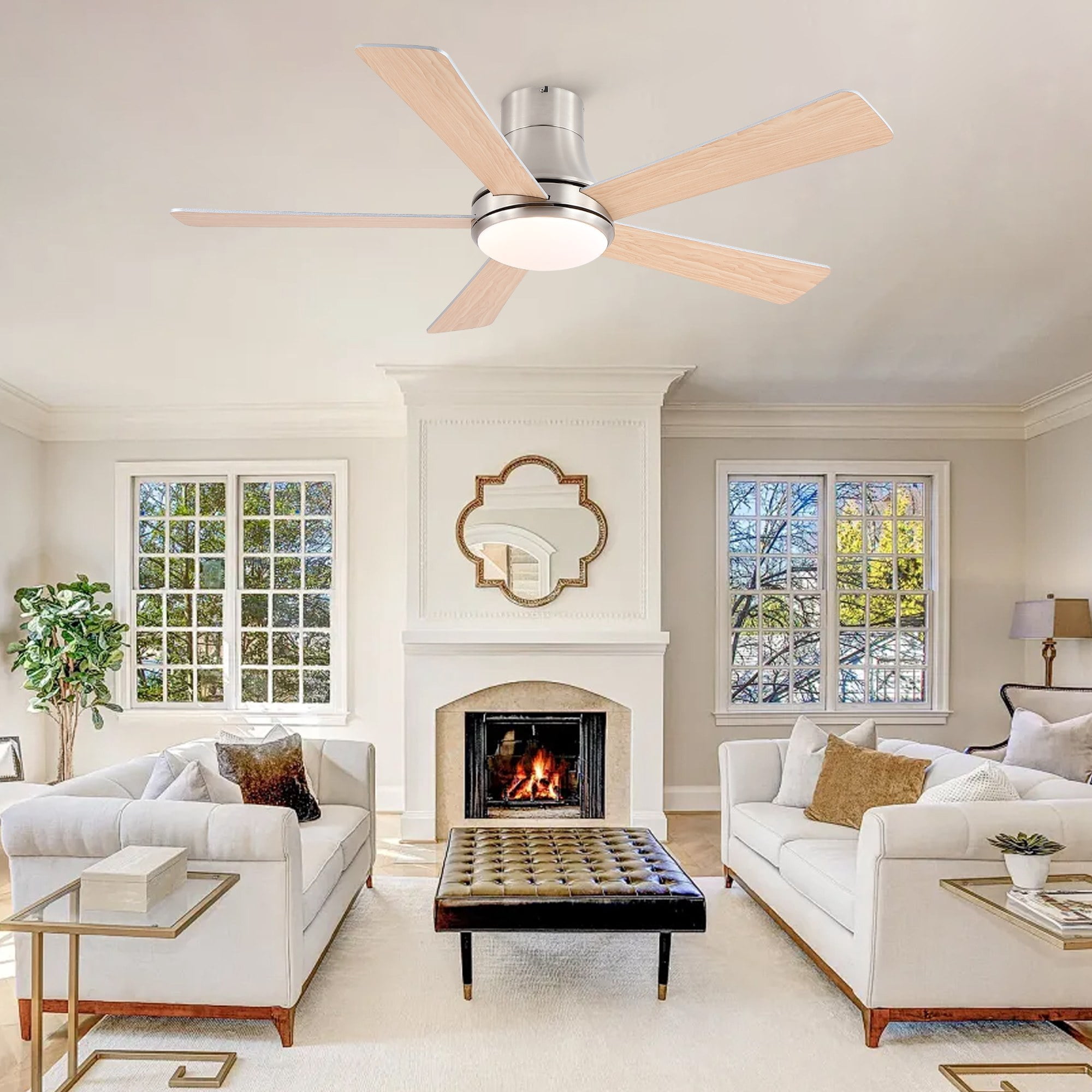 Leumius 52" Farmhouse Brushed Nickel Integrated LED Smart Ceiling Fan with DC Remote Control for Bedroom Living Room