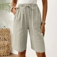 thumbnail image 5 of Birthday Gifts! QATAINLAV Cotton Linen Gauze Beach Shorts for Women Knee Length Wide Leg Bermuda Shorts High Waisted Casual Vacation Short Pant with Pockets Gray S, 5 of 10