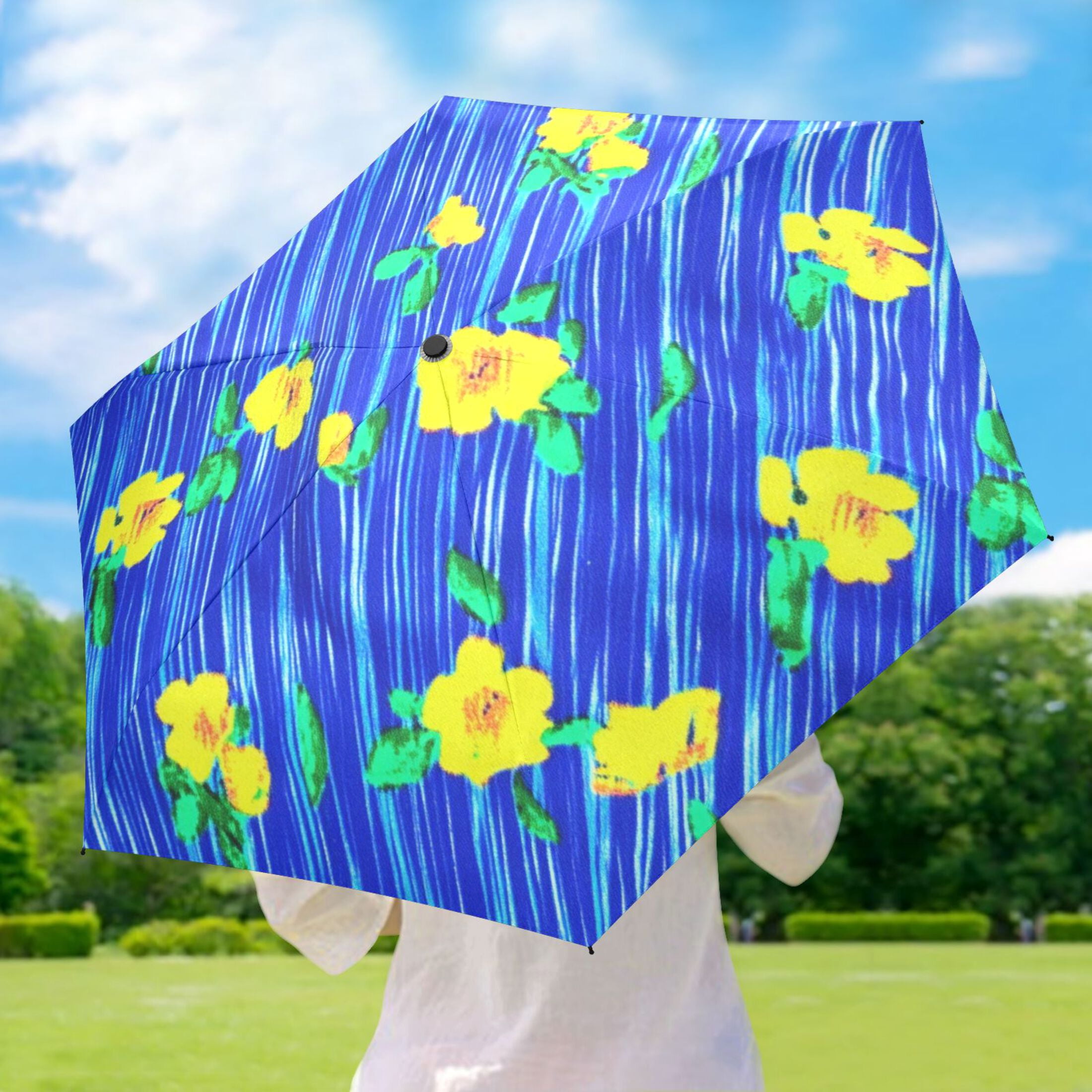 Blue Rain Flowers Umbrellas for Sun Auto Open Close UV50+ Waterproof 5-Fold Compact Fiberglass Frame