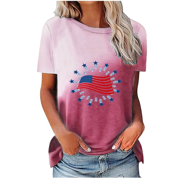 Camisetas Casuales de las Mujeres Que Cambian de Color Día de la Independencia Imprimir Cuello de la Tripulación, Novedad Gráfico Tops de las Mujeres Casuales