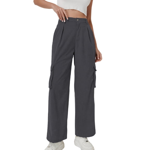 TaTaai Women High Waist Solid Corduroy Trousers Multi-Pocket Elastic Waist Casual Sports Wear Gift