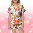 thumbnail image 2 of Girl Satin Pajamas Set Shorts Cute Shorts Sleeve V Neck Floral Print Bow Tie Open Front Silky Pjs Comfortable Cute Summer Shorts Outfit Gifts for Kids,Pink,150(10-11 Years), 2 of 5