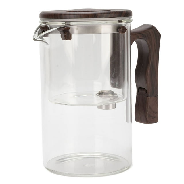 Heatproof Glass Inner Water Separation Technology Borosilicate Tea Pot with Strainer Removable Washable Wooden Handle Leakproof Spout 90 Degree Lid Fine Filtration