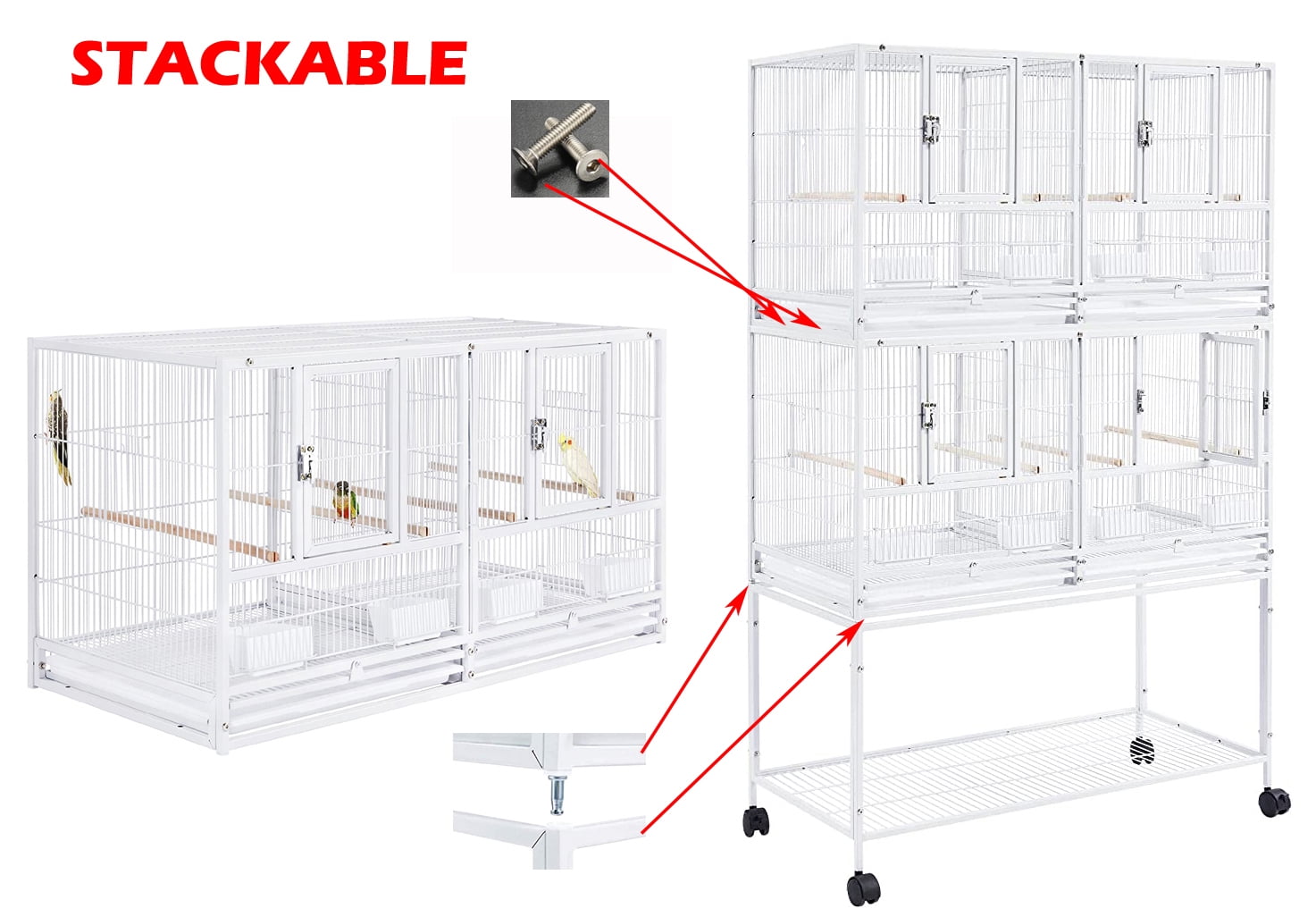 White Deluxe Triple Stackable With Center Divider Breeder Breeding Bird Flight Rolling Cage With Side Breeding Nest Doors for Canaries Cockatiels Lovebirds Finches Budgies Small Parrots