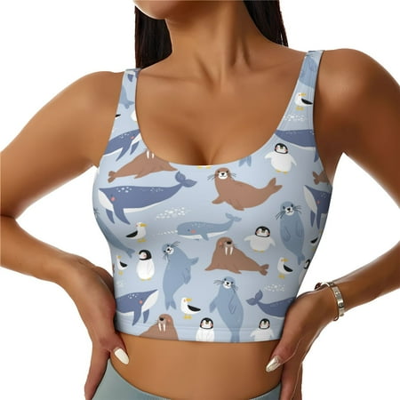 Adobk Seal Fox Seagull Whales Print Sports Bras for Women Longline Workout Crop Tank Tops Padded with Built in Shelf Padded Sports Bra-Large