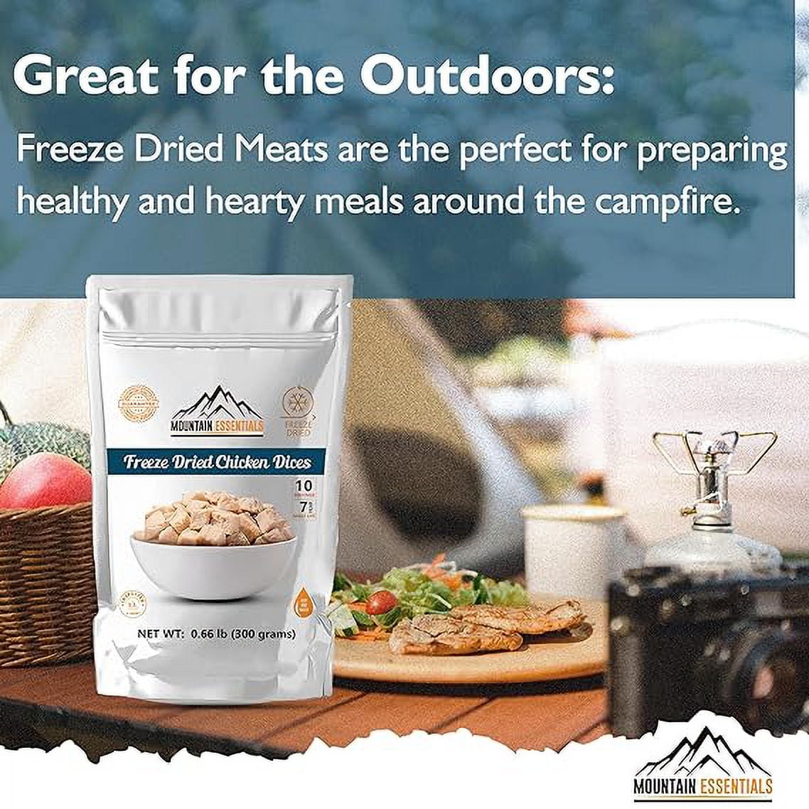 (Pack of 12) MOUNTAIN ESSENTIALS Freeze Dried Chicken Dices | Emergency Survival Bulk Food Storage Home Meals Hunting, Survival, Camping, Backpacking Food | 10 serving per Pouch
