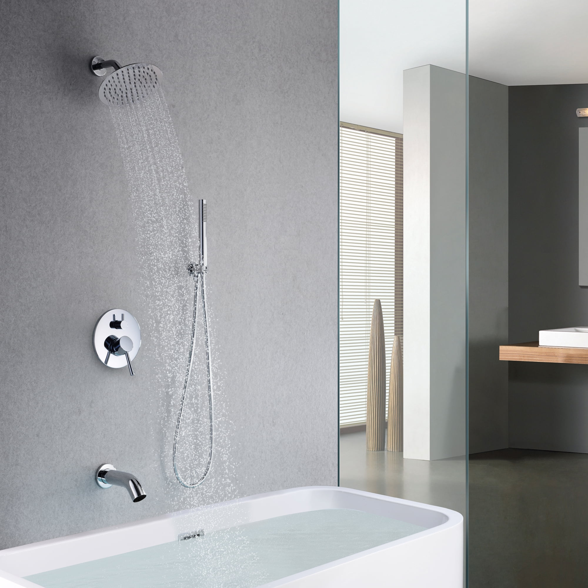 Sumerain Chrome Rain Shower Faucet Set with Tub Spout,Tub Shower Faucet Set with 8 inches Shower Head and Hand Shower, Valve Included