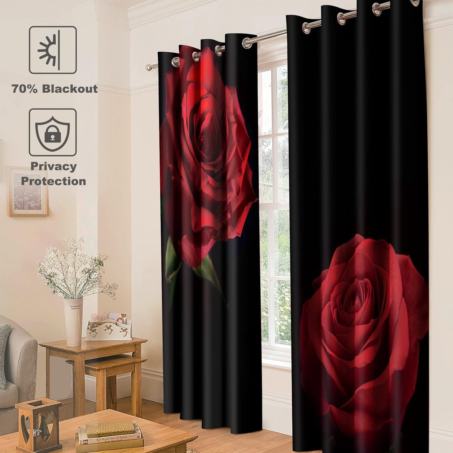 Red Rose Floral Blackout Curtains - Romantic Black Red Roses Flower Theme Print Curtain for Girls Women Bedroom Living Room Home Decor Grommet Window Drapes 2 Panel Set, 42" x 54"