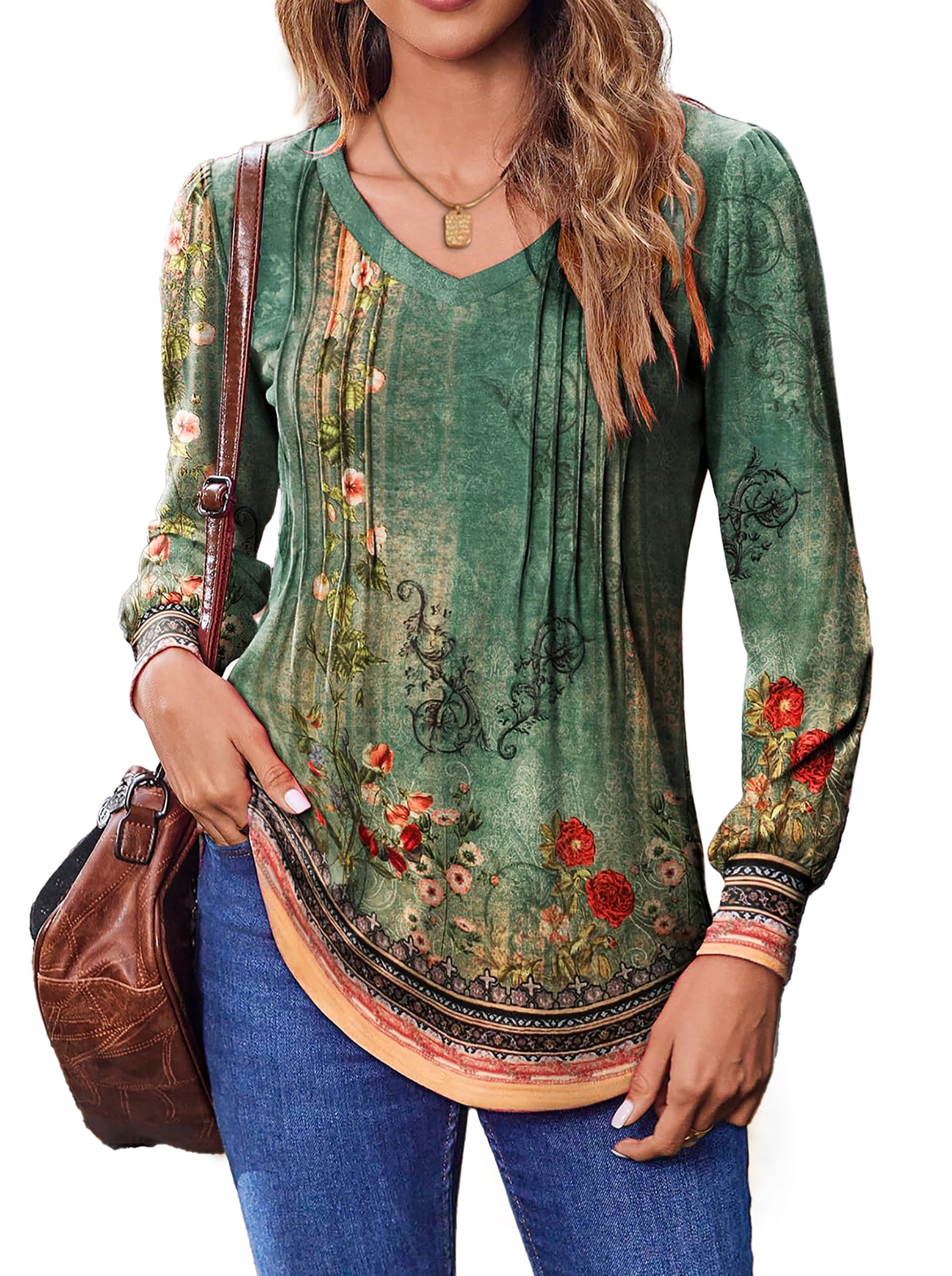 Fantaslook Long Sleeve Shirts for Women Fall Tops Dressy Casual Blouses Pleated V Neck Tunic Tops