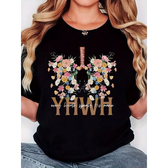 Playera Deportiva Manga Corta Mujer Dry-FitWomen's "Love Heart Flower YHWH" Graphic T-Shirt - Retro Minimalist Design, Black Crew Neck Tee with Floral & Golden Letter Print, Casual Comfort Fit, Shor
