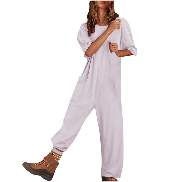 Penkiiy Combinaison Pyjama Femme Col Rond Manches Courtes Confortable Pantalon Long G Blanc