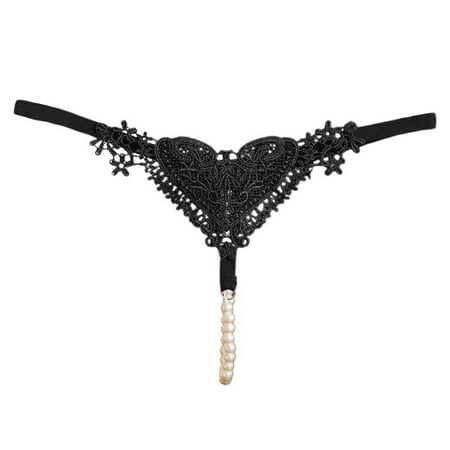 DVKOVI Womens Cheeky Bikini Underwear Womens Lace Mesh Embroidery Hollow Thin Belt High Elastic Pearl Sexy Seamless Thong Underwear Black