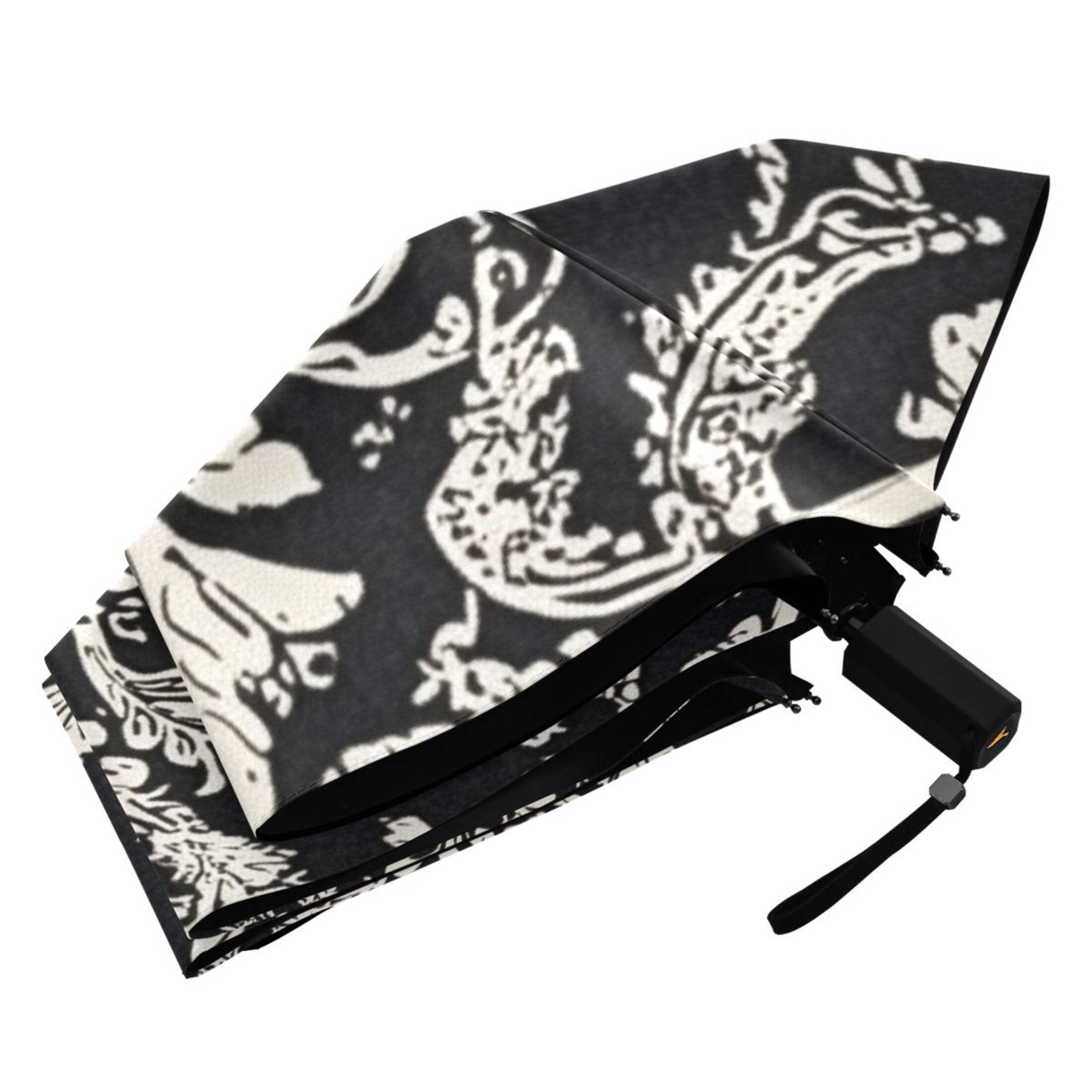 Black and White Paisley Flowers Pattern All Weather Umbrella Triple Folding Parasol 6 Ribs UV Protection Portable