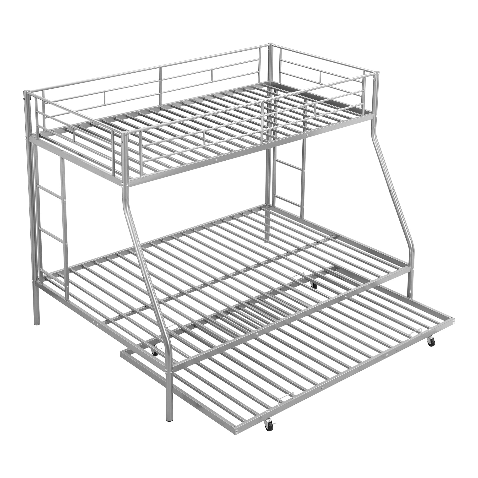 Euroco Metal Twin over Full Bunk Bed with Moveable Trundle & 2 Ladders for Bedroom, 3 Beds for Kids Teens Adults and Guests, Silver