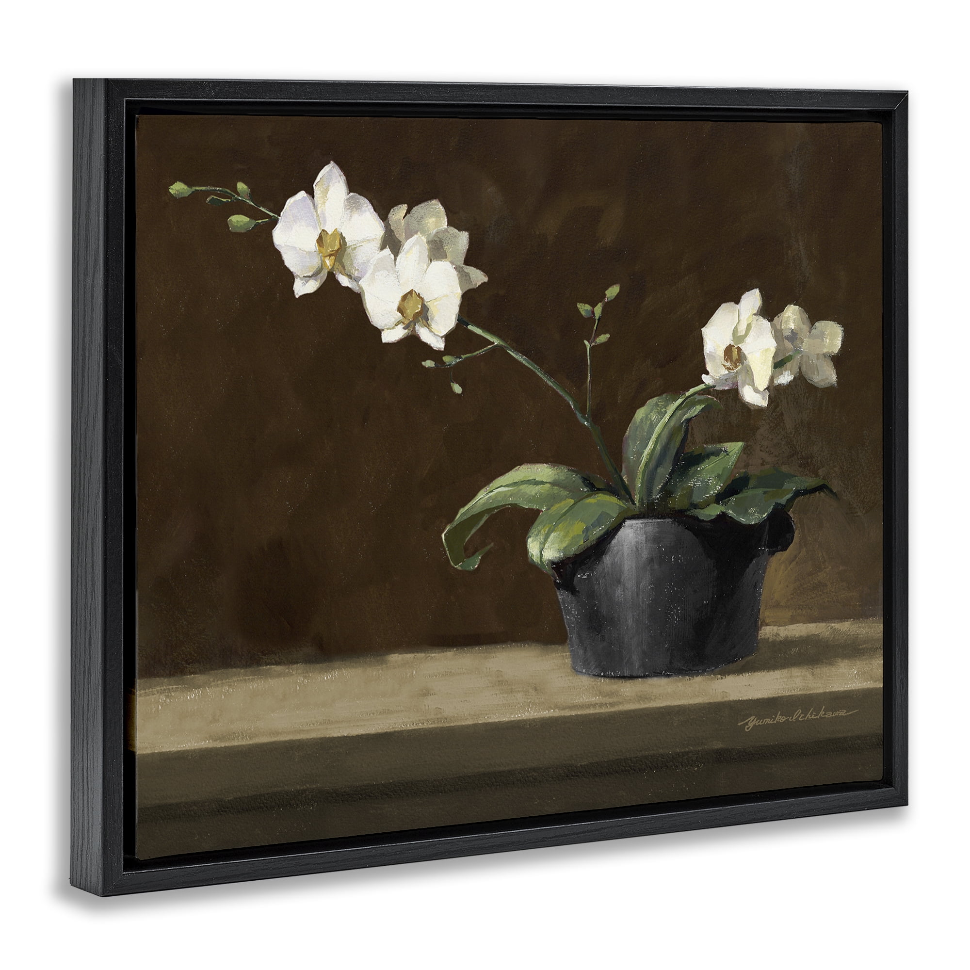 Stupell Industries Potted White Orchid on Ledge Black Framed Floater Canvas Wall Art, design by Yumiko Ichikawa