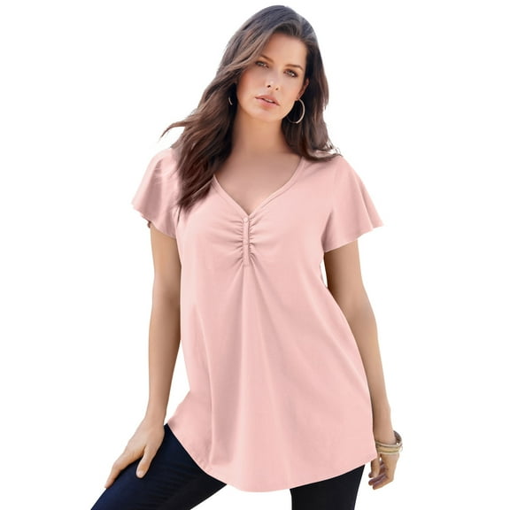 Roaman's Women's Plus Size Cotton Ultimate Flutter Sleeve Sweetheart Tee