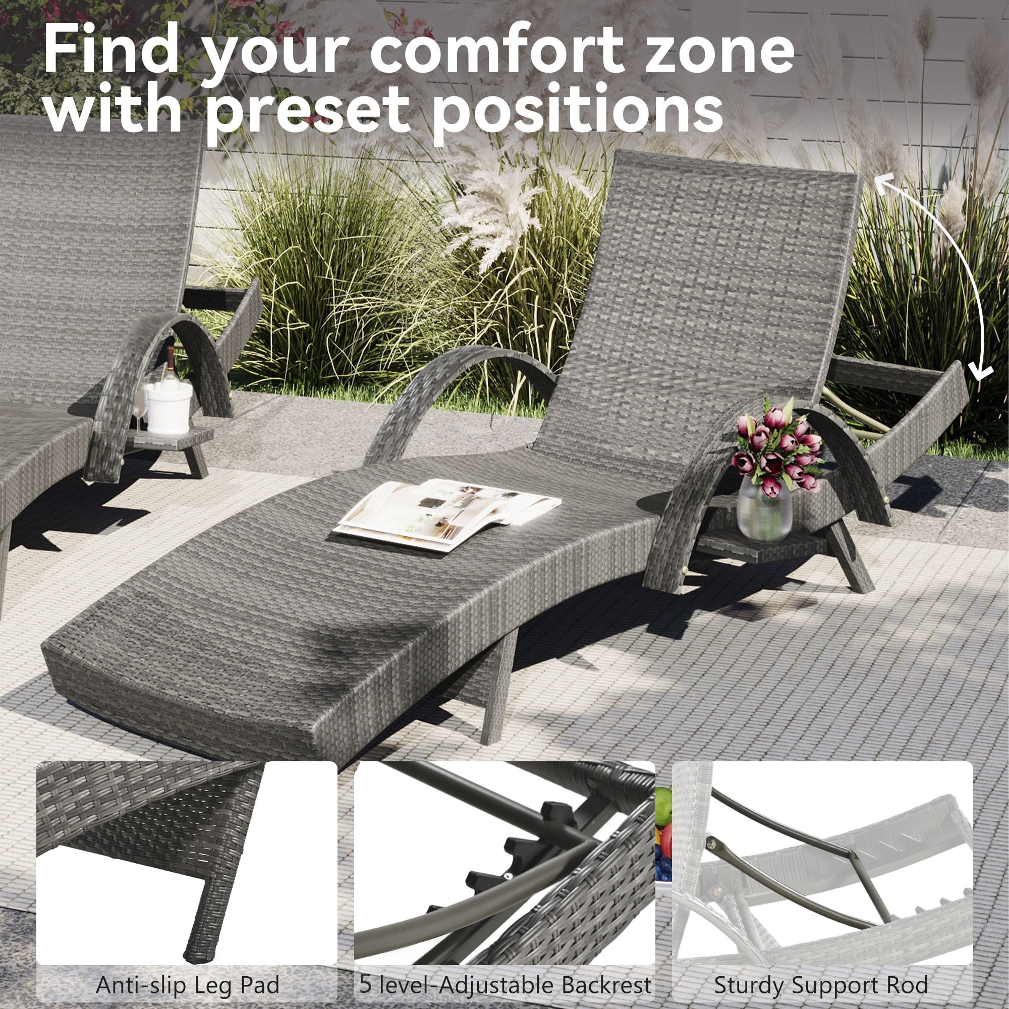 2 Pack Outdoor Wicker Reclining Lounge Chair, 5 Position Adjustable Backrest Pool Side Patio Lounger with Pull Out Side Table, Grey