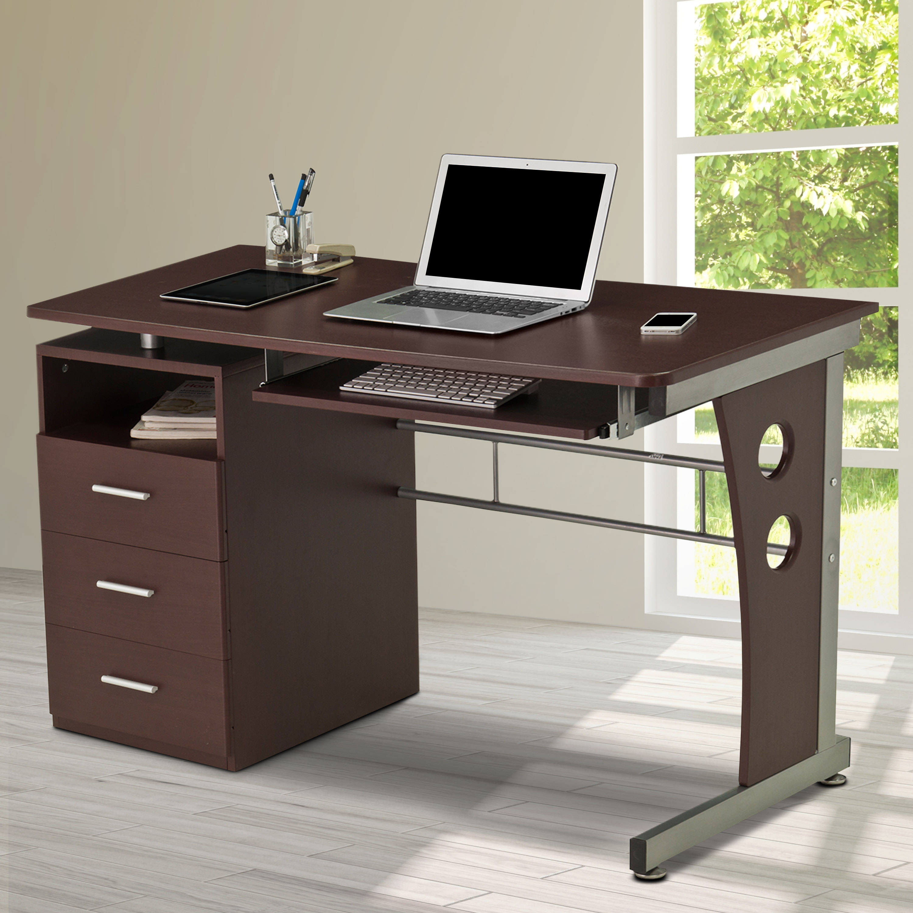 EUGAD Computer Desk with Shelves PC Laptop Desktop Workstation Study Table Home Office Work Table Metal MDF 116x80x75cm Light Oak