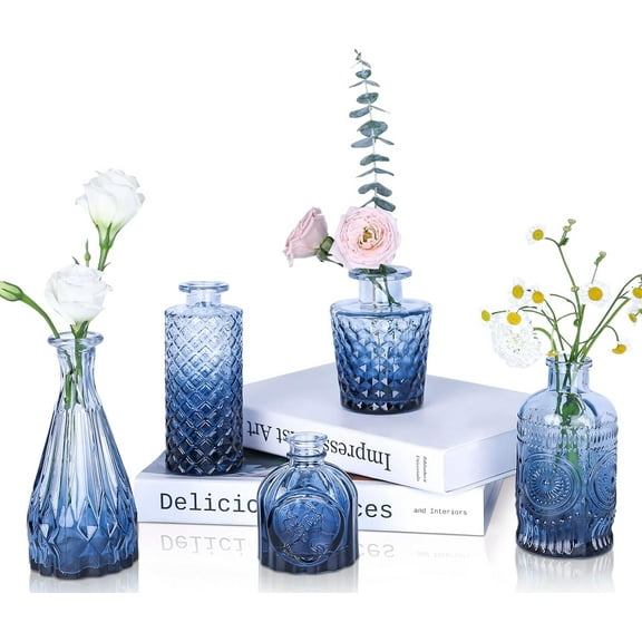 Navy Blue Glass Bud Vases Set of 5, Mini Flower Vase for Centerpieces, Small Clear Vases in Bulk for Wedding Decorations, Vintage Vase for Table, Graduation, Home Décor