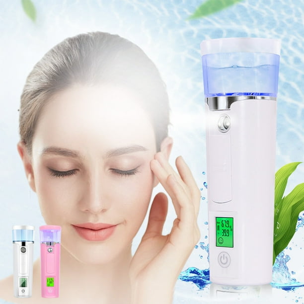 Pulverizador facial recargable portátil - Instrumento de niebla hidratante con nano 3 en 1, Power Bank y medidor de humedad para la piel, blanco/rosa