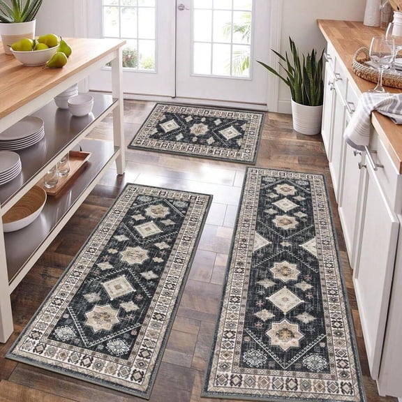 Boho Kitchen Rug Set Black/Colorful Patterned Runner & Mat Non-Slip Washable 3-Piece