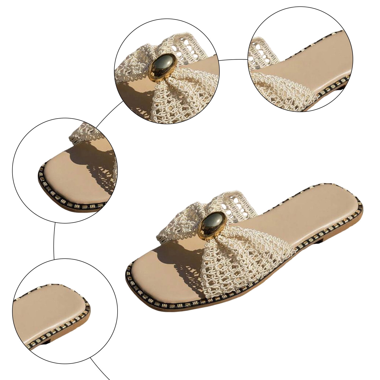 Rokment Flat Slip on Slides Sandals for Women Ladies 2026 Trendy Casual Bow Crochet Open Tow Low Heels Mules Summer Dress Slippers Vacation Beige Size 6
