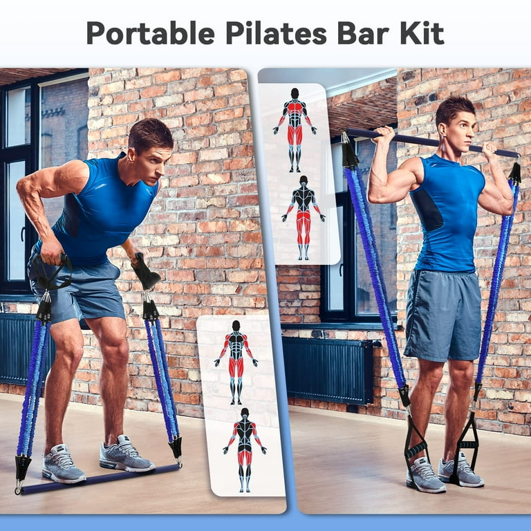 Hommie Pilates Bar Kit Home Gym Bar Kit with 6 Resistance Bands 20 40 60 lb Blue