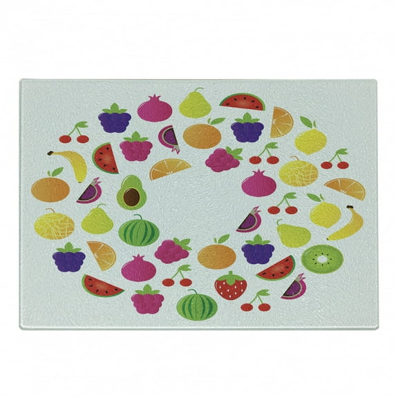Fruit Cutting Board, Tasty Circle of Cartoon Natural Organic Food on Plain Background Print, Decorative Tempered Glass Cutting and Serving Board, in 3 Sizes, by Ambesonne