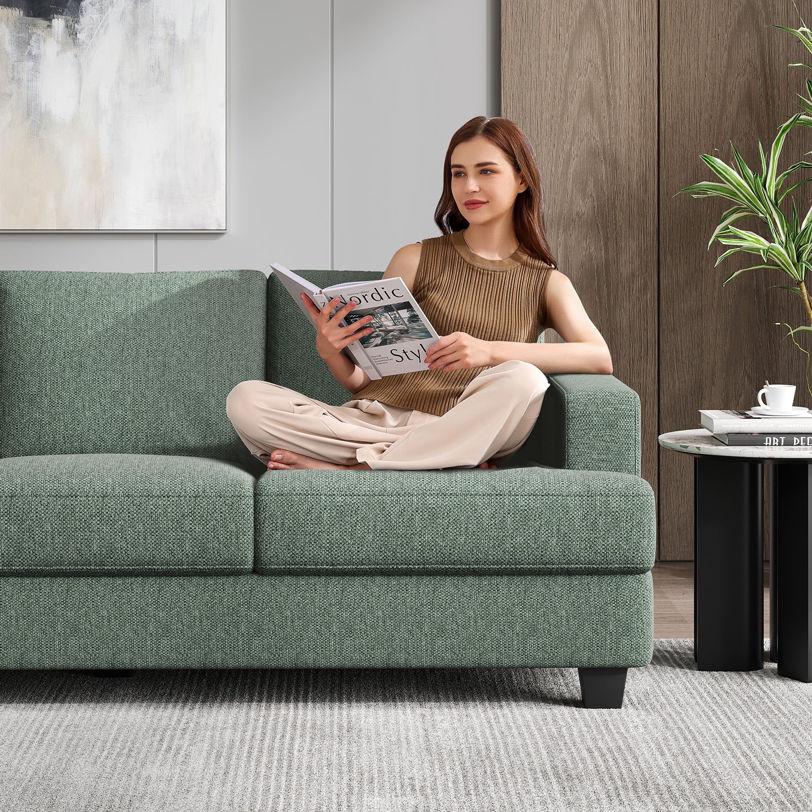 BLAZANT 3 Seater Sofa Oversize, 89" Extra Large Size Sofa Couch with Extra Deep Seats, Modern Loveseat Sofa, Comfortable Fabric, Easy to Install, for Living Room Apartment Lounge, Light Green