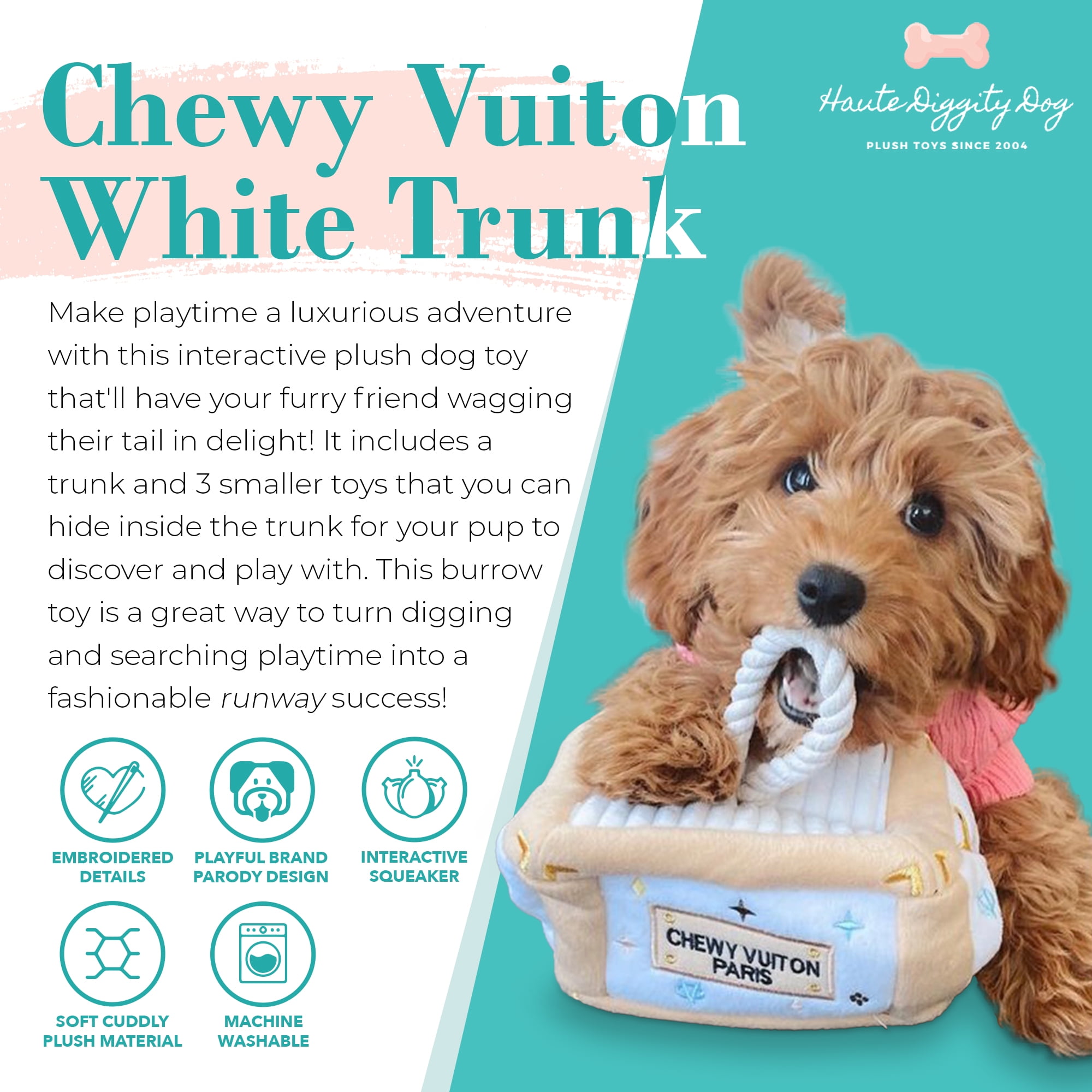 White Chewy Vuiton Bone with Squeaker - 3 sizes
