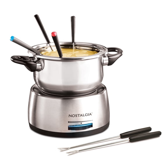 Nostalgia 6-Cup Stainless Steel Electric Fondue Pot with Temperature Control, 6 Color-Coded Forks and Removable Pot