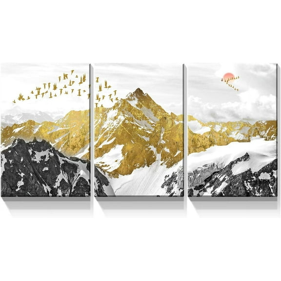 FCCUYE - 3 Panel Canvas Wall Art for Living Room - Black and White Mountain with Gold Birds Abstract Artwork Prints Landscape Picture Wall Decor Stretched and d Ready to Hang - 12"x18"x3 Panel