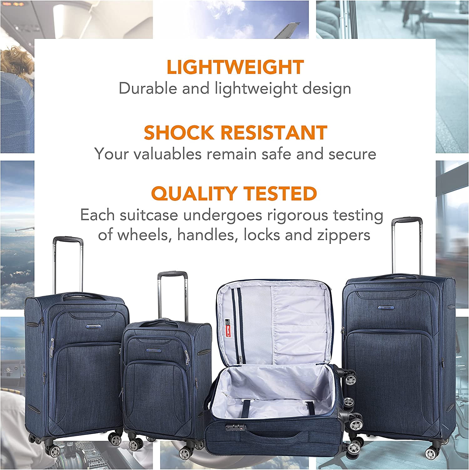 Cantor Ultra Lightweight Softside Luggage with Spinner Wheels,Navy, Set of 3, , and Interlocking Zippers with TSA Lock