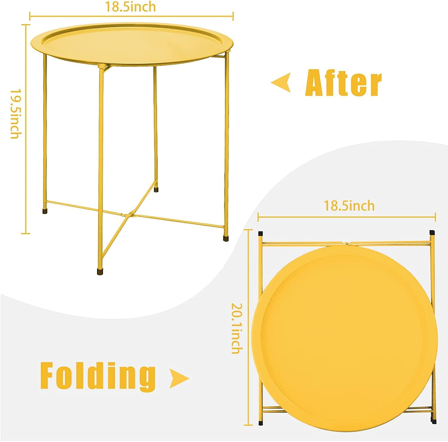 Folding Tray Metal Side Table Yellow Round End Table Cyan Sofa Small Accent Fold-able Table, Round End Table Tray, Next to Sofa Table, Snack Table for Living Room and Bed Room