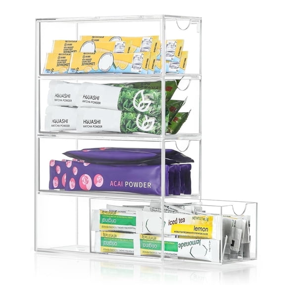 Drink Packet Organizer, Drink Mix Organizer with 4 Clear Drawers, Plastic Drink Package Organizer for Offices, Kitchens