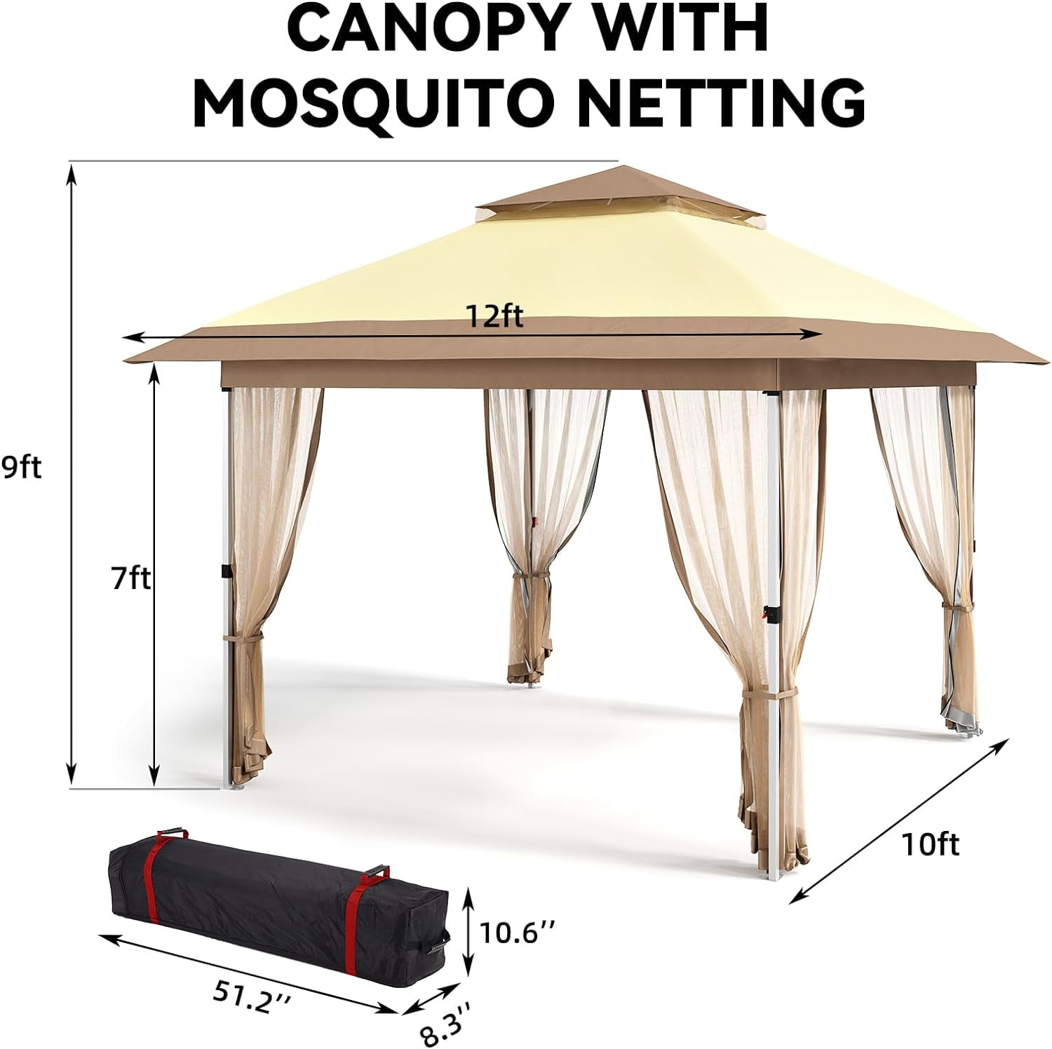 Senfot 12x12 FT Outdoor Folding Gazebo Canopy Tent with Mosquito Net Waterproof Windproof UV Proof Beige