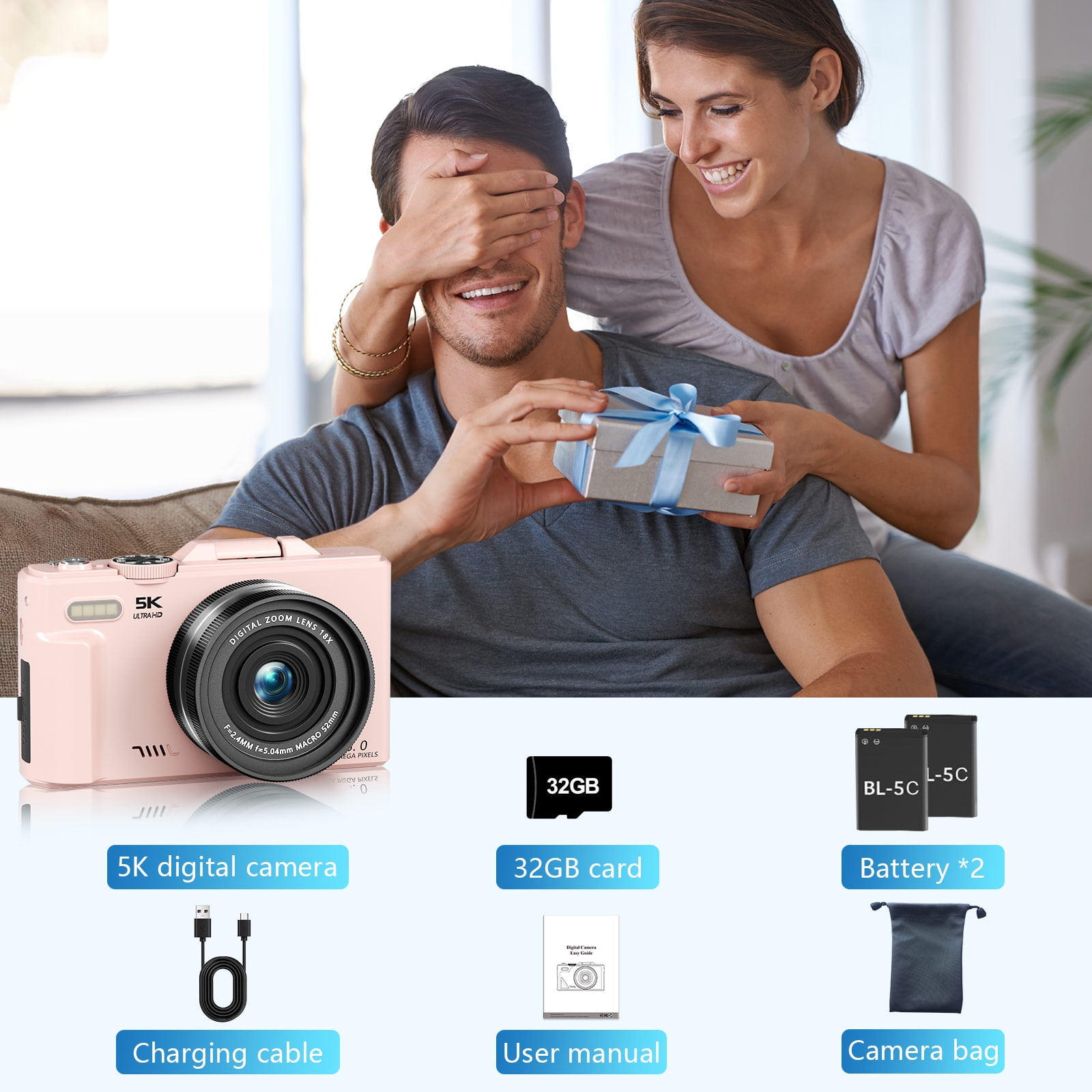 Saneen Digital Camera 5K 75MP WiFi Vlogging Cameras for You Tube 3''180° Flip Screen 18X Zoom with 32GB Card for Beginners Pink