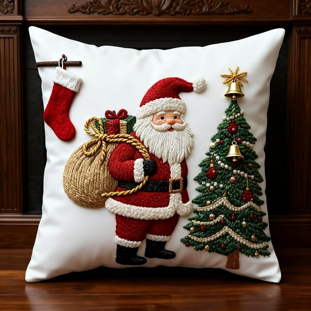 Funda de almohada bordada navideña, acogedora funda de cojín de punto con diseño de Papá Noel, funda de almohada rústica con caja de regalo y acebo rojo, funda de cojín decorativa para sofá estilo ca