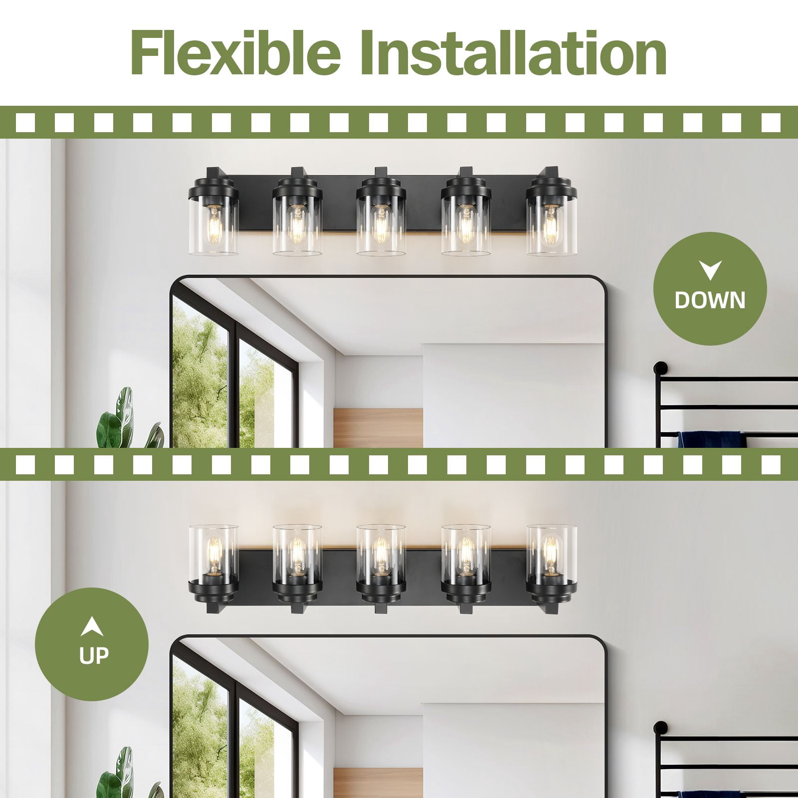31 Inch 5-Light Bathroom Vanity Light, Black Wall Sconce with Clear Glass Shades for Mirror, Modern Farmhouse Vanity Lighting Fixture for Bathroom Cabinet Hallway, Hardwired (Bulbs Not Included)