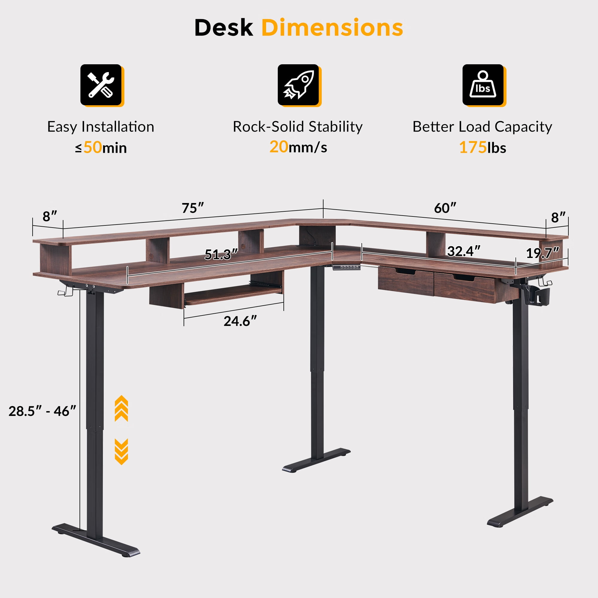 OKD 75" Electric Standing Desk with LED Strip & Power Outlets, L-Shaped Corner Desk with Shelves & Keyboard Tray, Adjustable Height Computer Desk, Dark Walnut