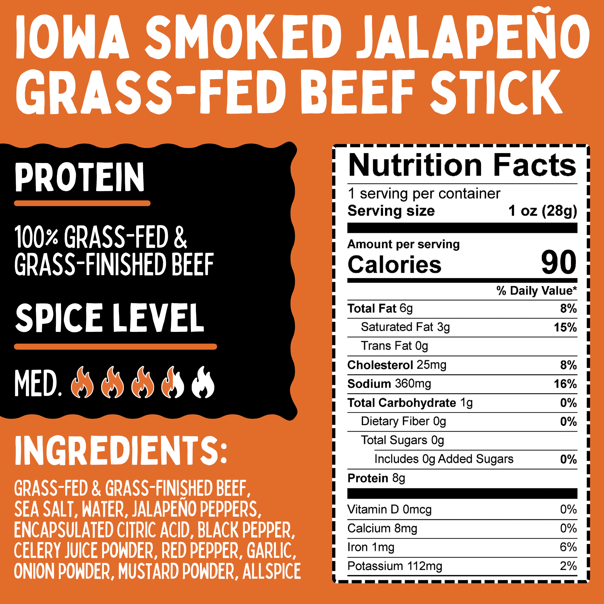 Iowa Smoked Variety Pack, No Sugar, 100% Grass-fed & finished, Non-GMO Beef Sticks. No Nitrates, Gluten, Soy, MSG, Dairy or Nuts (4 Org, 4 Garlic, 4 Jala, 12 Cnt, 1-oz)