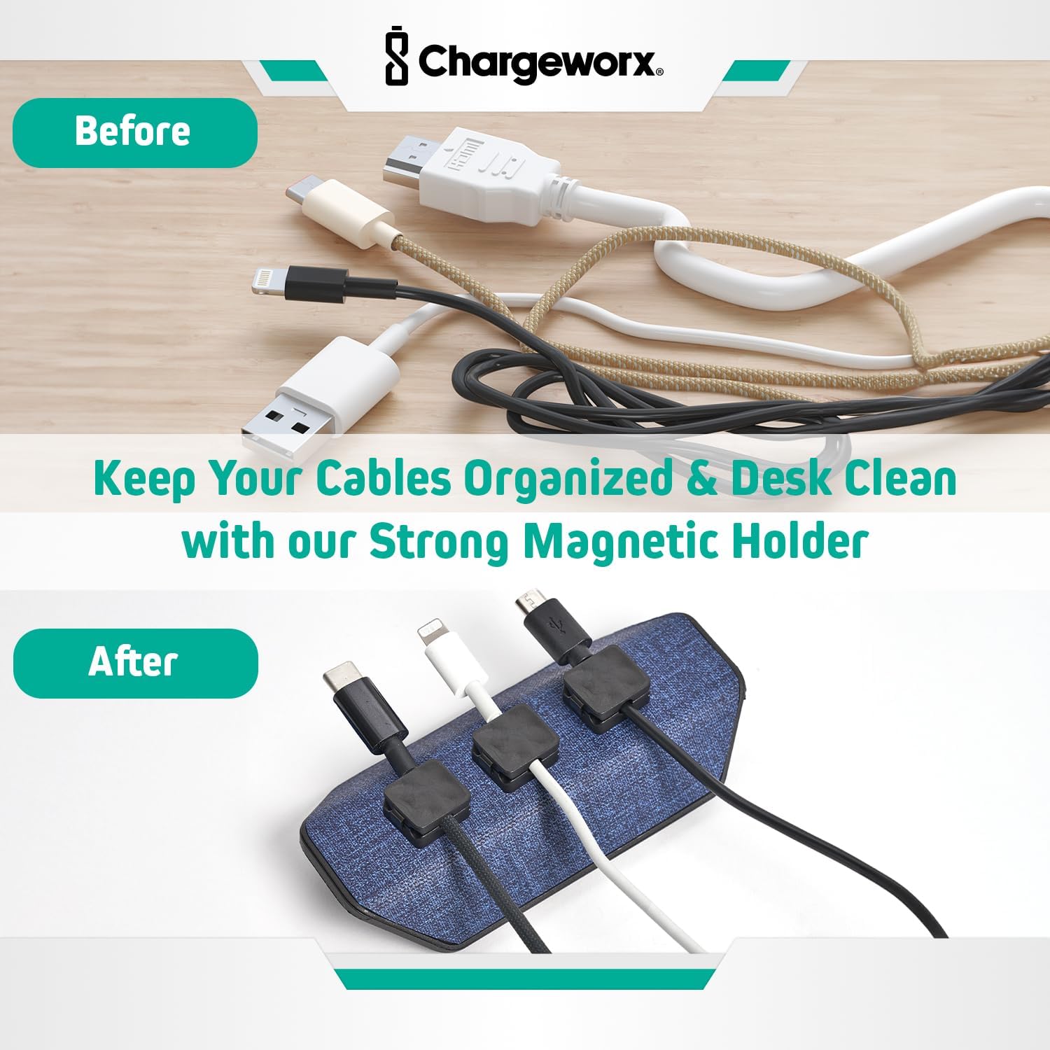 Chargeworx Magnetic Cord Holder, 3 Magnetic Cable Clips Included, Cable Management Desk Organizer, Strong Magnet Office Desk Accessories, Cable Organizer, Wire Management, Computer Accessories