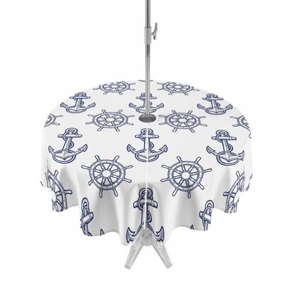 Outdoor Tablecloth with Umbrella Hole Zipper Blue Anchor Nautical Round Tablecloth 54" Waterproof Outside Table Cloth Rudder Coastal Summer Ocean Patio Table Cover Tablecloths for Picnic Party