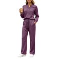 thumbnail image 3 of Matching Sets Women Clothing Solid Color Henley Neck Button Top & Drawstring High Waist Wide Leg Pants with Pockets for Daily Wear, 3 of 8