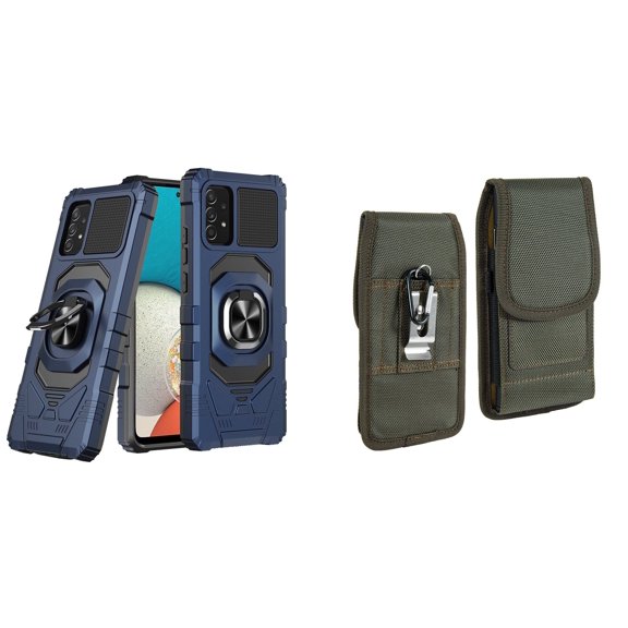Case with Belt Holster Bundle for Samsung Galaxy A53 5G: Heavy Duty Shield Cover (Blue) and Vertical Rugged Nylon Phone Pouch (Midnight Green)