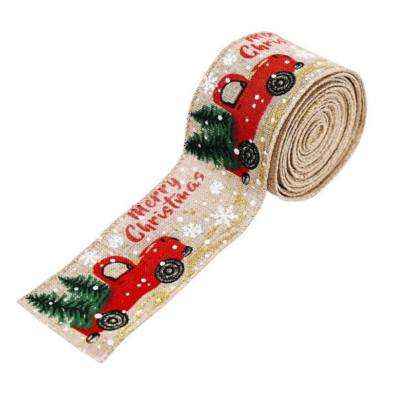 Christmas Ribbon for Tree Wreaths Crafts Gift Wrapping, Vintage Truck Merry Christmas Wired Burlap Ribbon 2 inch 5.5 Yard, Khaki, Size: 1.97 x 196.85