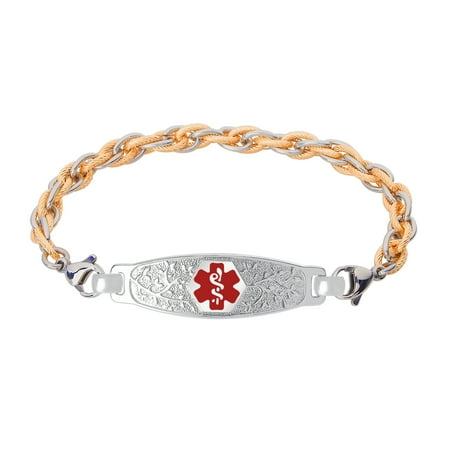 - Divoti Deep Custom Laser Engraved PVD Gold/Stainless Elegant Olive Medical Alert Bracelet -Inter-Mesh Gold/Silver Stainless