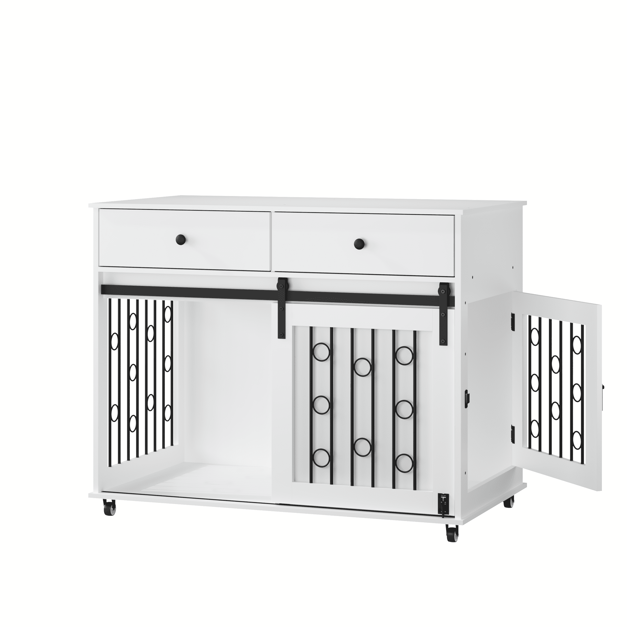 Modern Wooden Dog Crate Furniture, 39.37 Inch Decorative Pet Kennel End Table with Sliding Barn Door, Double Storage Drawers & Lockable Wheels, Stylish Dog Cage for Small Medium Dogs, White