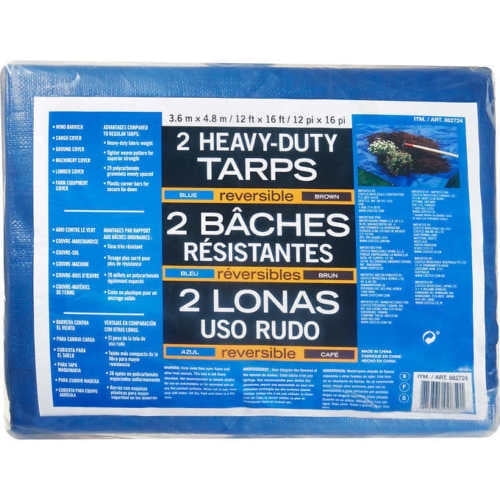 Heavy Duty Reversible Tarps, 12'L x 16'W, Blue and Brown, 2 ct - NEW