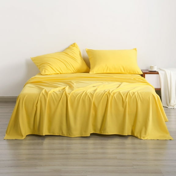 4-Piece Ultra Soft Microfiber Bed Sheet Set, Luxury Cozy Machine Washable Fitted Sheet Set with Deep Pocket, Queen Size, Yellow